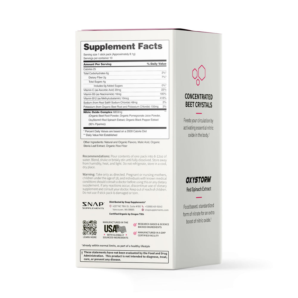 Snap Supplements ingredientes: remolacha, granada y espinaca roja enfatizando antioxidantes