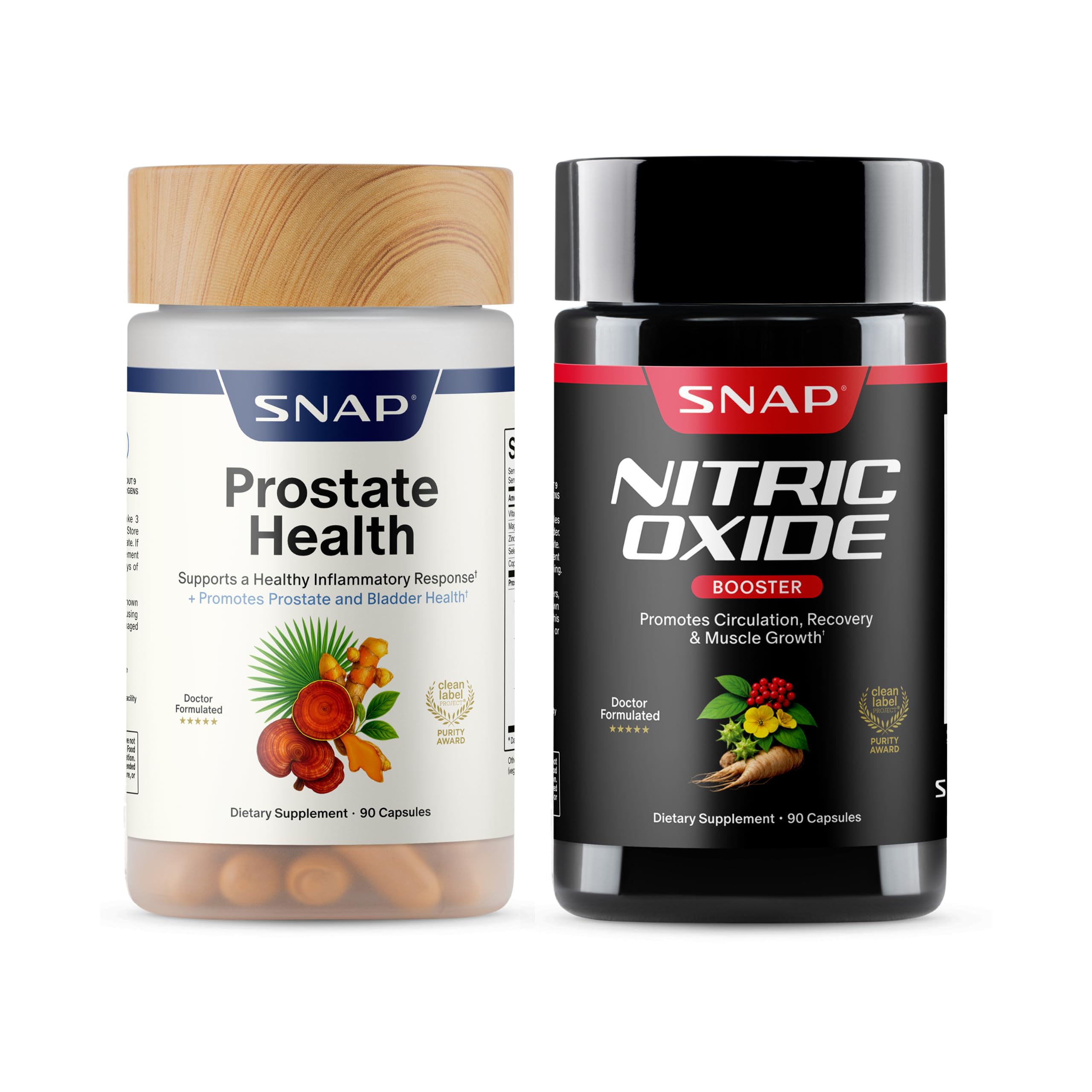 Snap Supplements pack frontal mostrando ambos frascos y beneficios