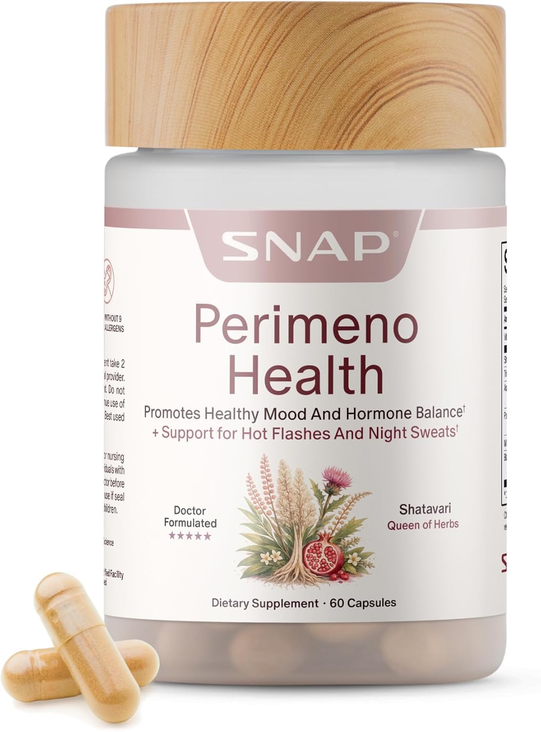 Snap Supplements frasco frontal mostrando etiqueta clara y beneficio de apoyo hormonal