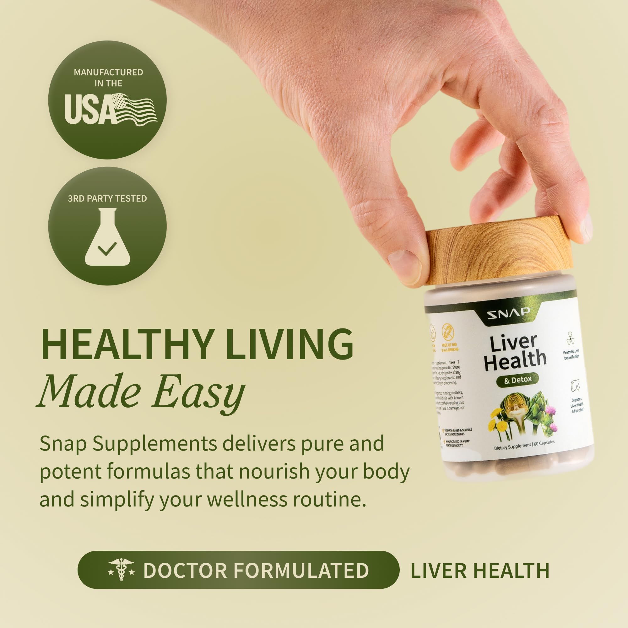 Snap Supplements caja lateral indicando 60 cápsulas y uso diario