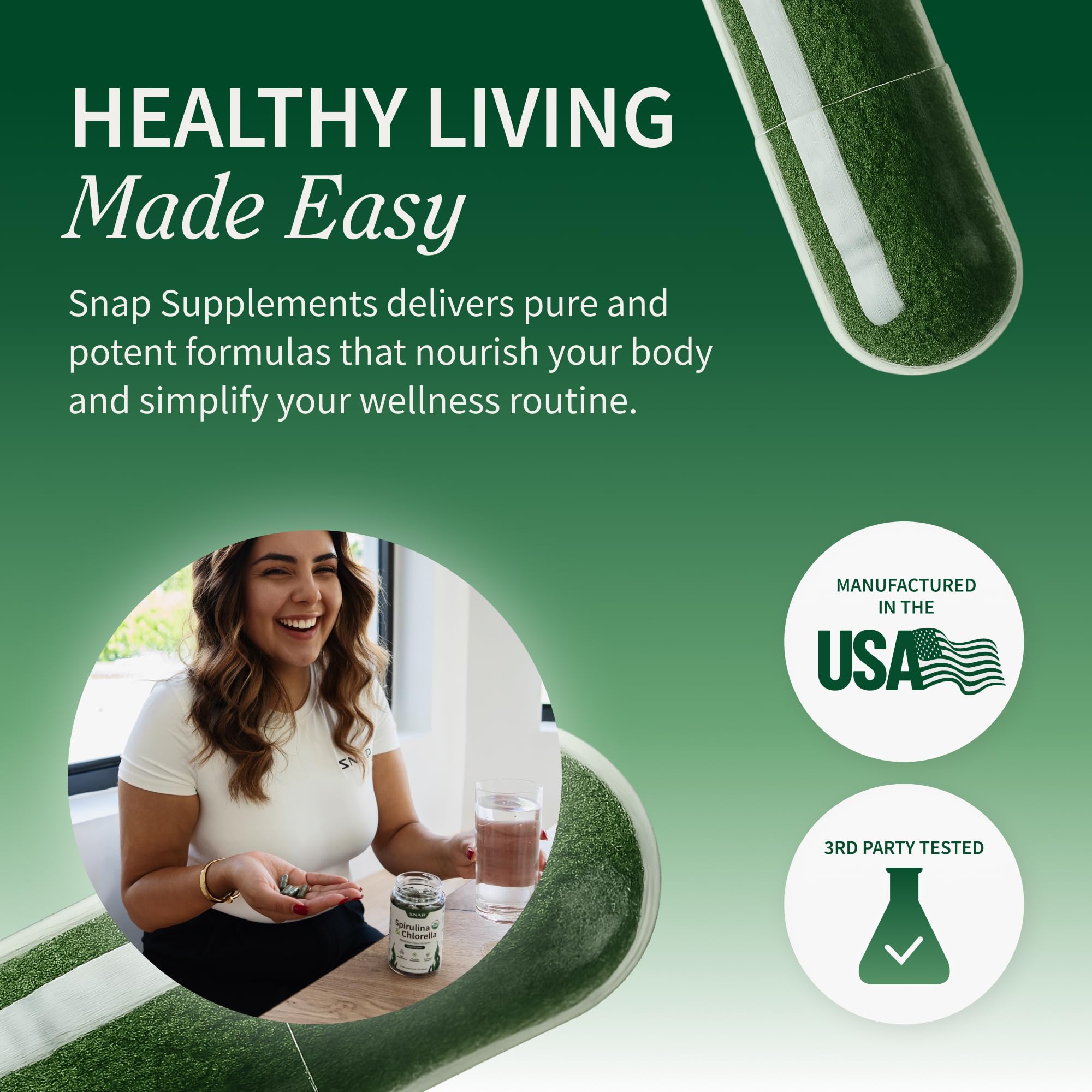 Snap Supplements tamaño del bote comparado con monedas para referencia de escala