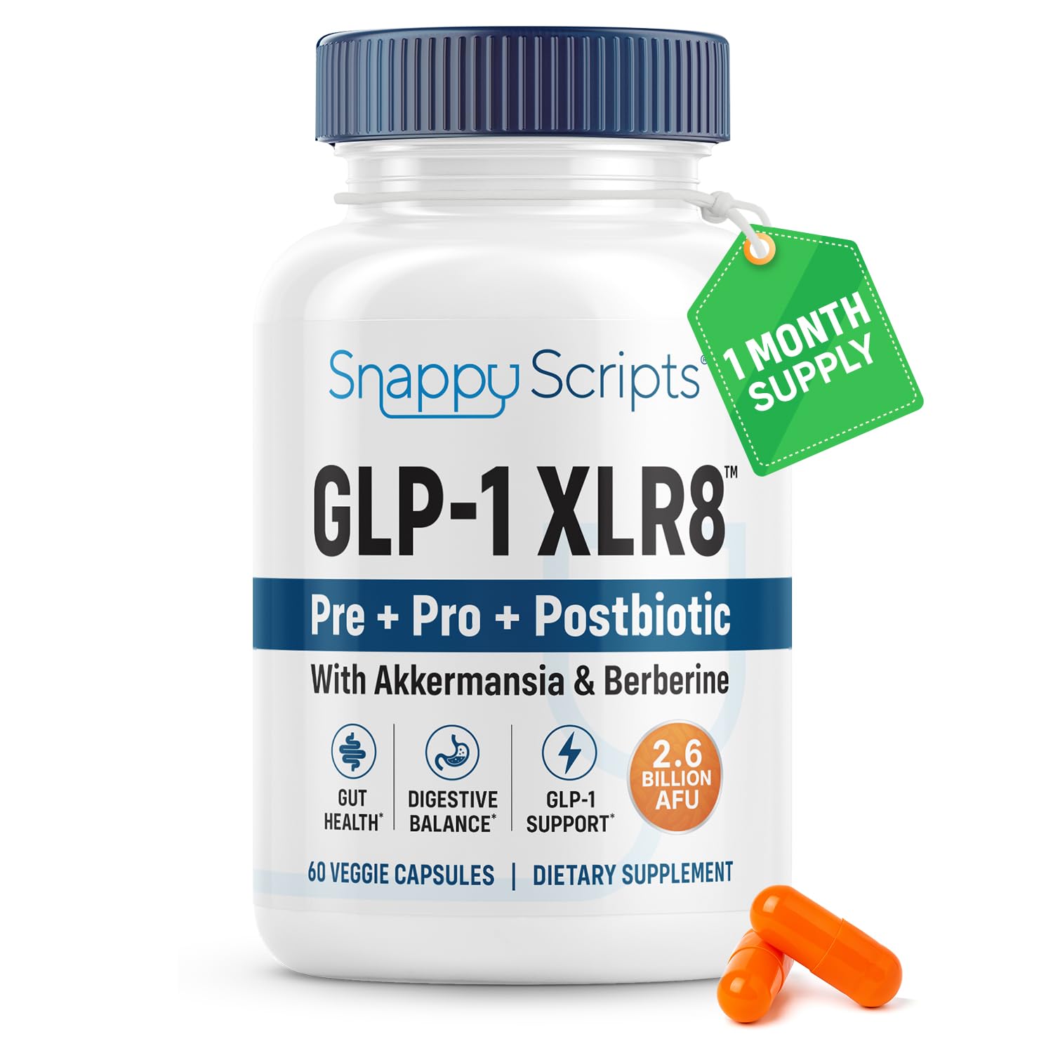 Snappy Scripts frontal del empaque mostrando la marca y beneficios para digestión