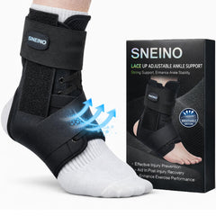 SNEINO tobillera frontal en empaque mostrando soporte y beneficios