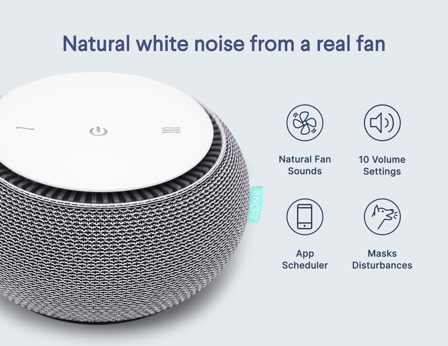 SNOOZ detalle del ventilador real que genera ruido blanco natural y sin bucles