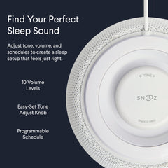 Control remoto y pantalla de app mostrando programación de SNOOZ Pro para automatizar sueño