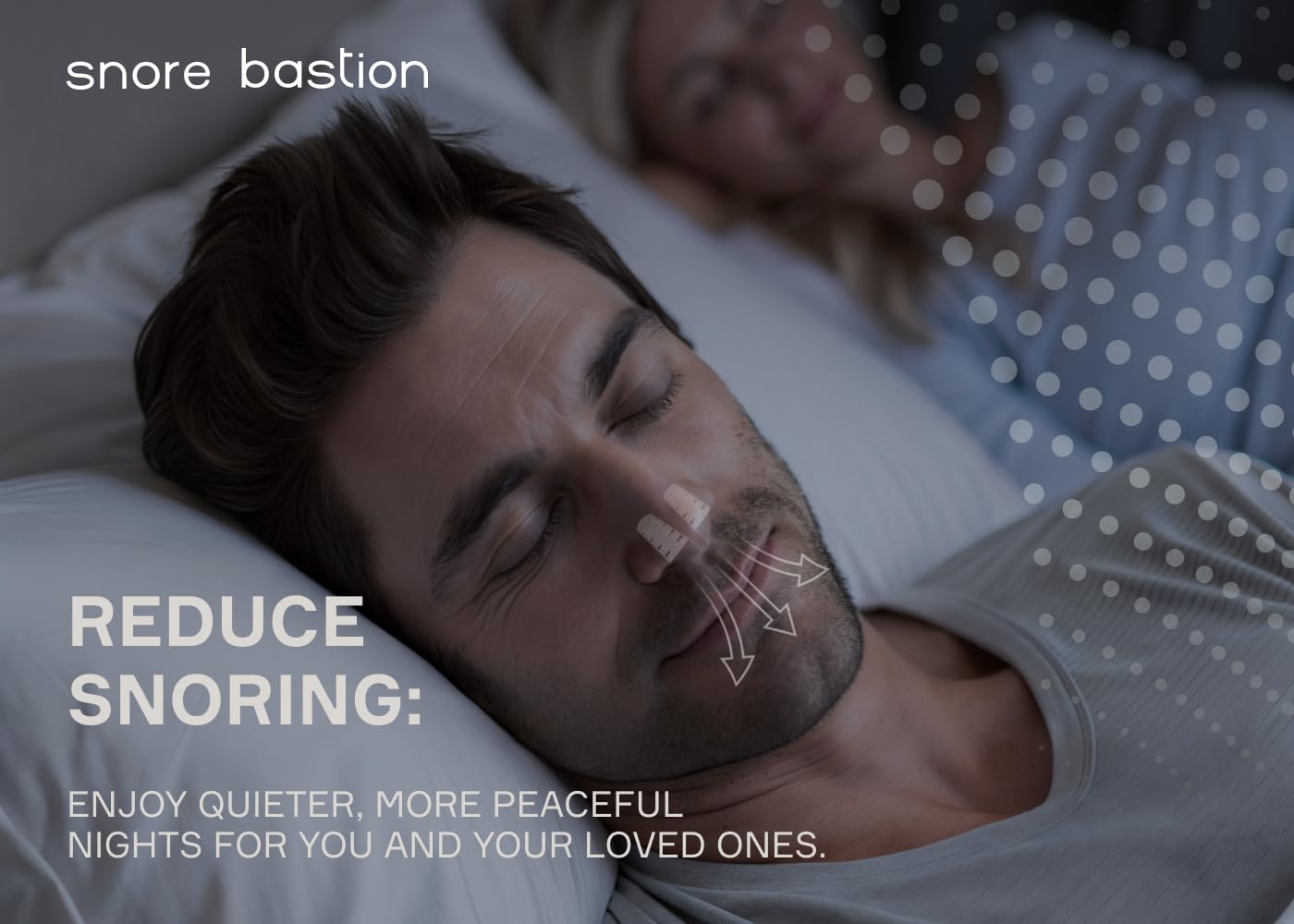 Snore Bastion en uso sobre modelo durmiendo, mejora confort nocturno