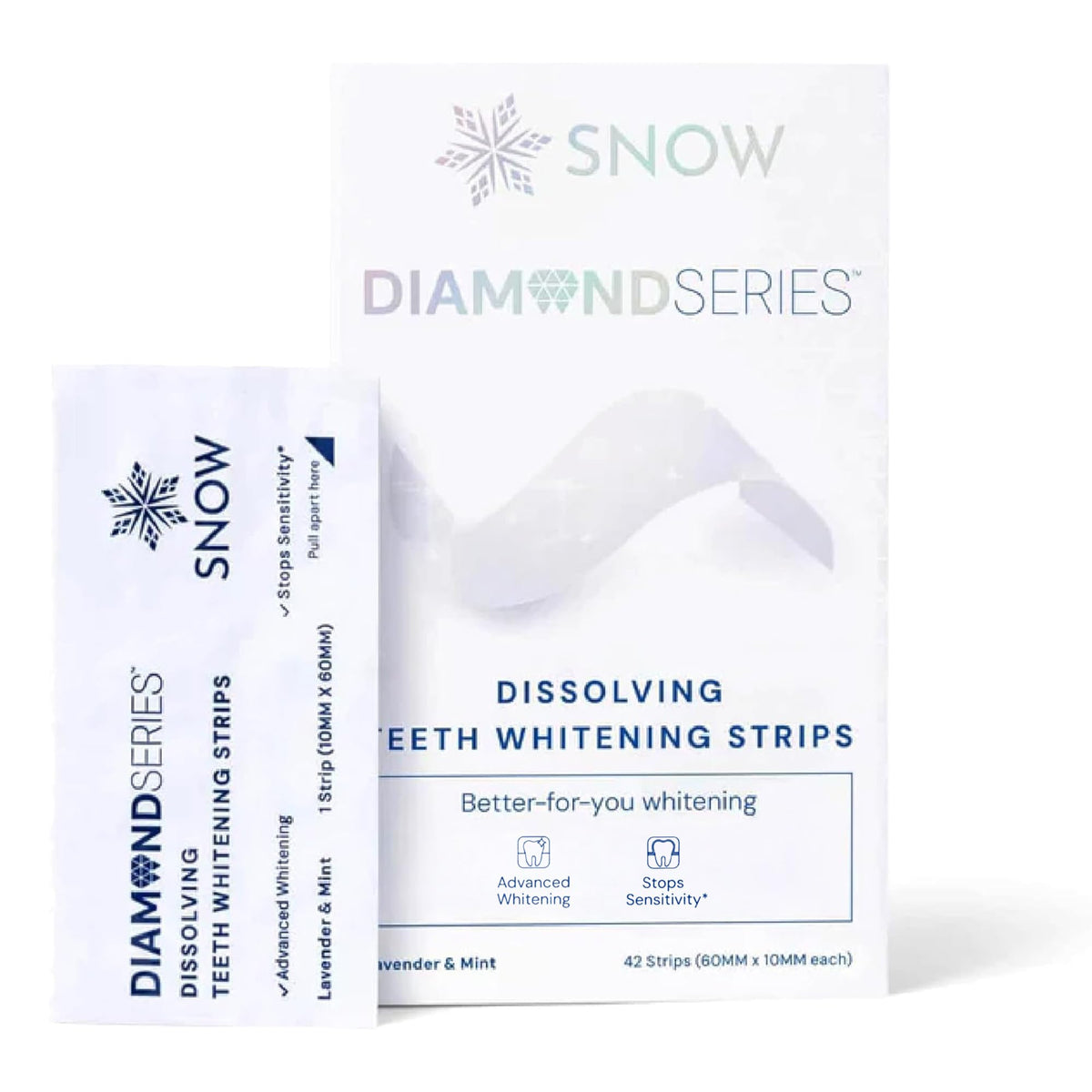 SNOW empaque frontal mostrando 42 tiras y diseño profesional