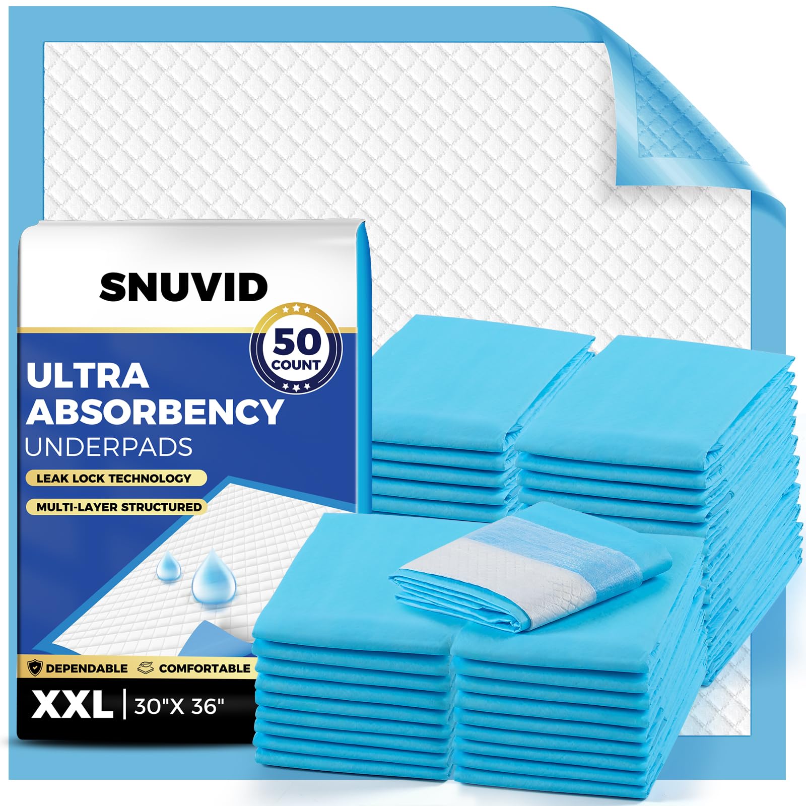 Snuvid frontal del paquete XXL mostrando cantidad y tamaño, protección confiable