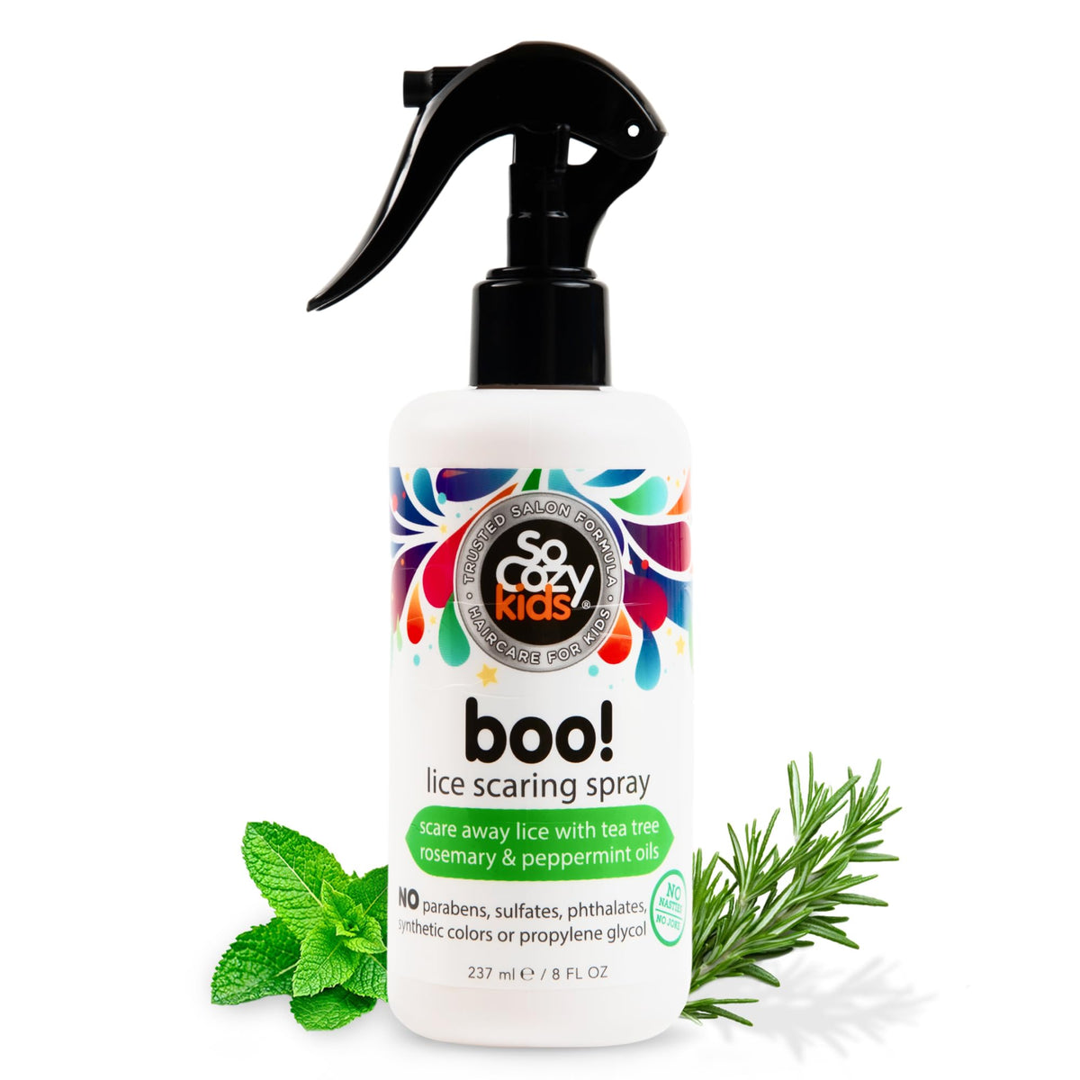 SO COZY envase frontal Boo Lice Scaring Spray mostrando diseño y volumen