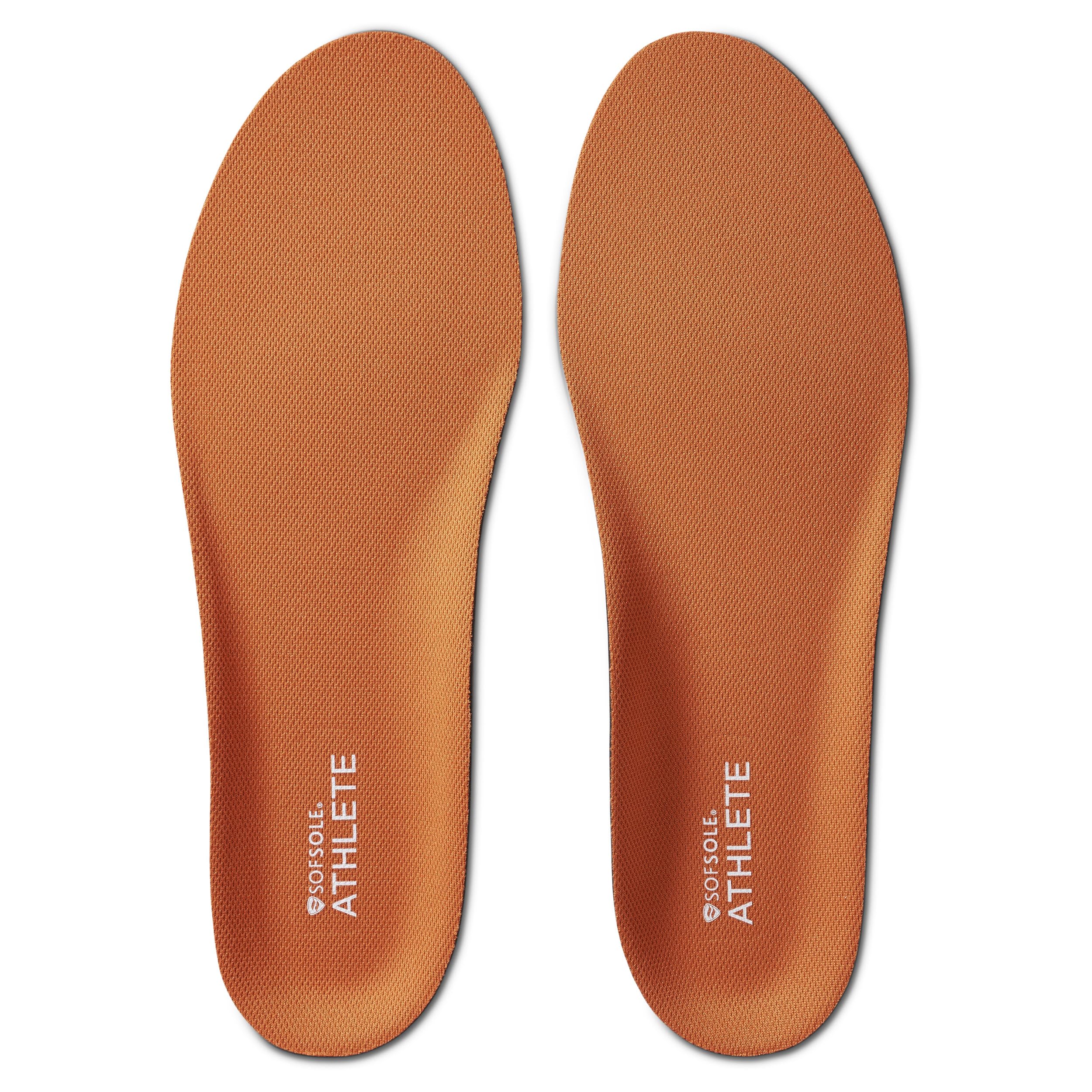 Sof Sole plantilla frontal en empaque mostrando ajuste y color naranja, confort todo el día