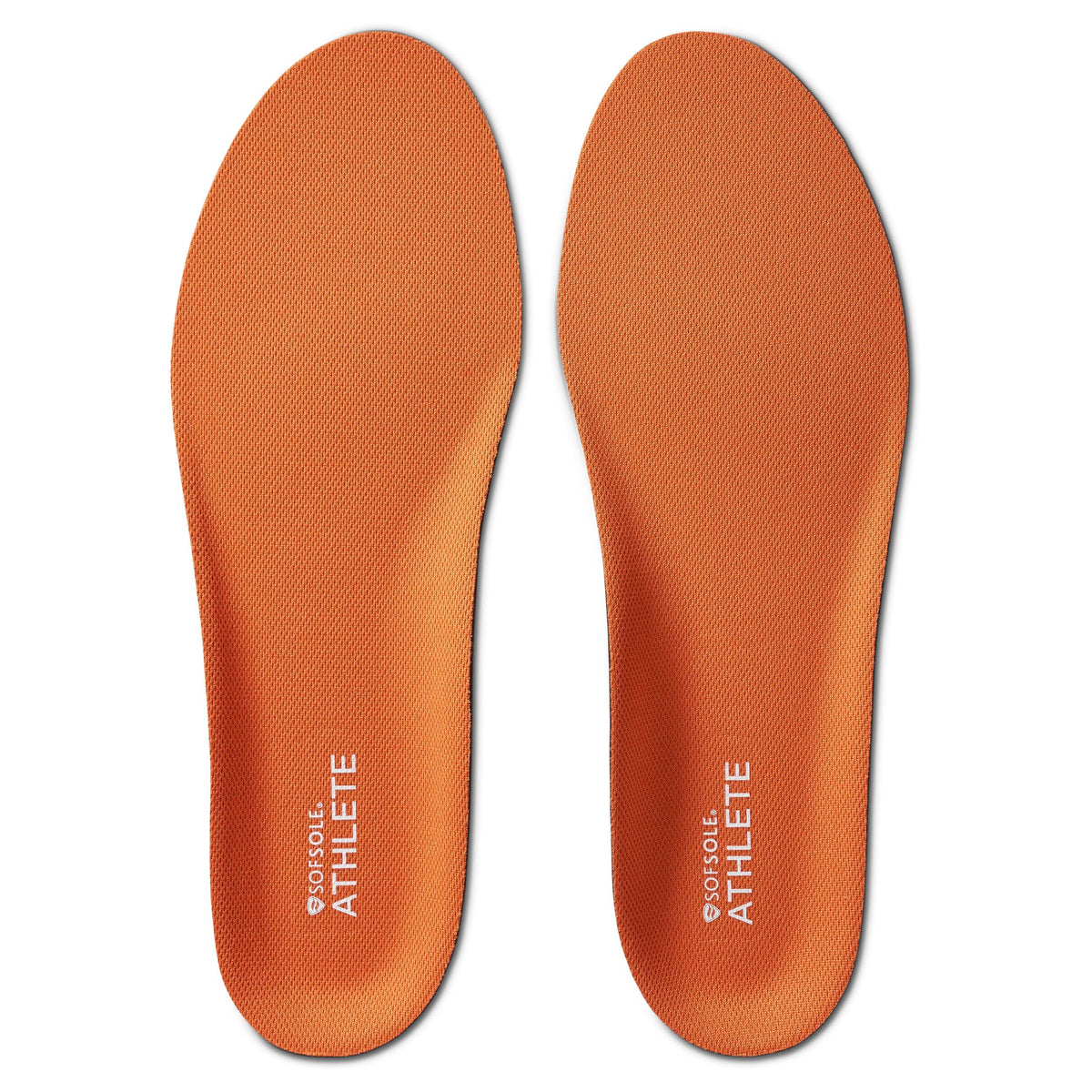 Sof Sole plantilla frontal en empaque mostrando ajuste y color naranja, confort todo el día