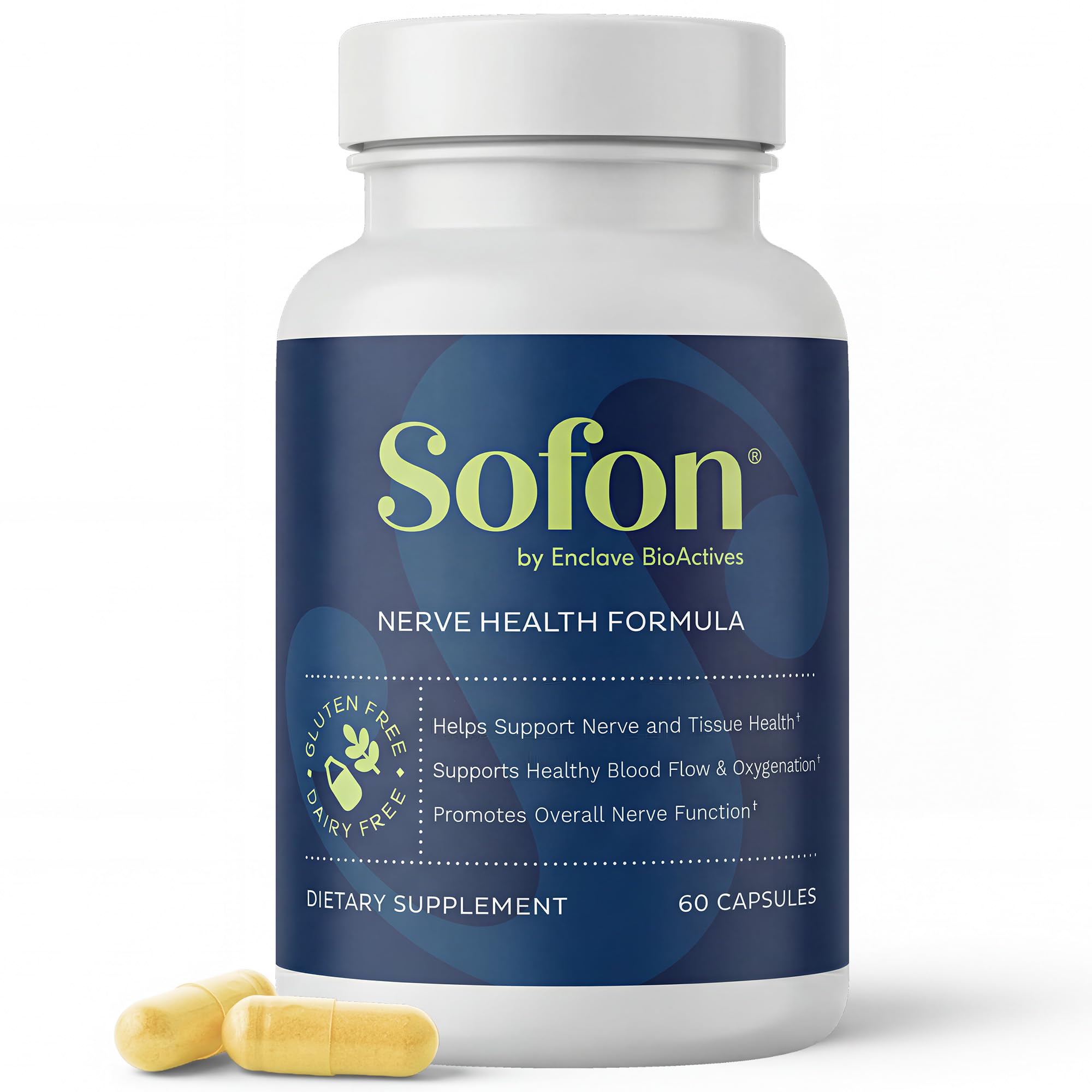 Sofon envase frontal mostrando 60 cápsulas y beneficio de soporte nervioso