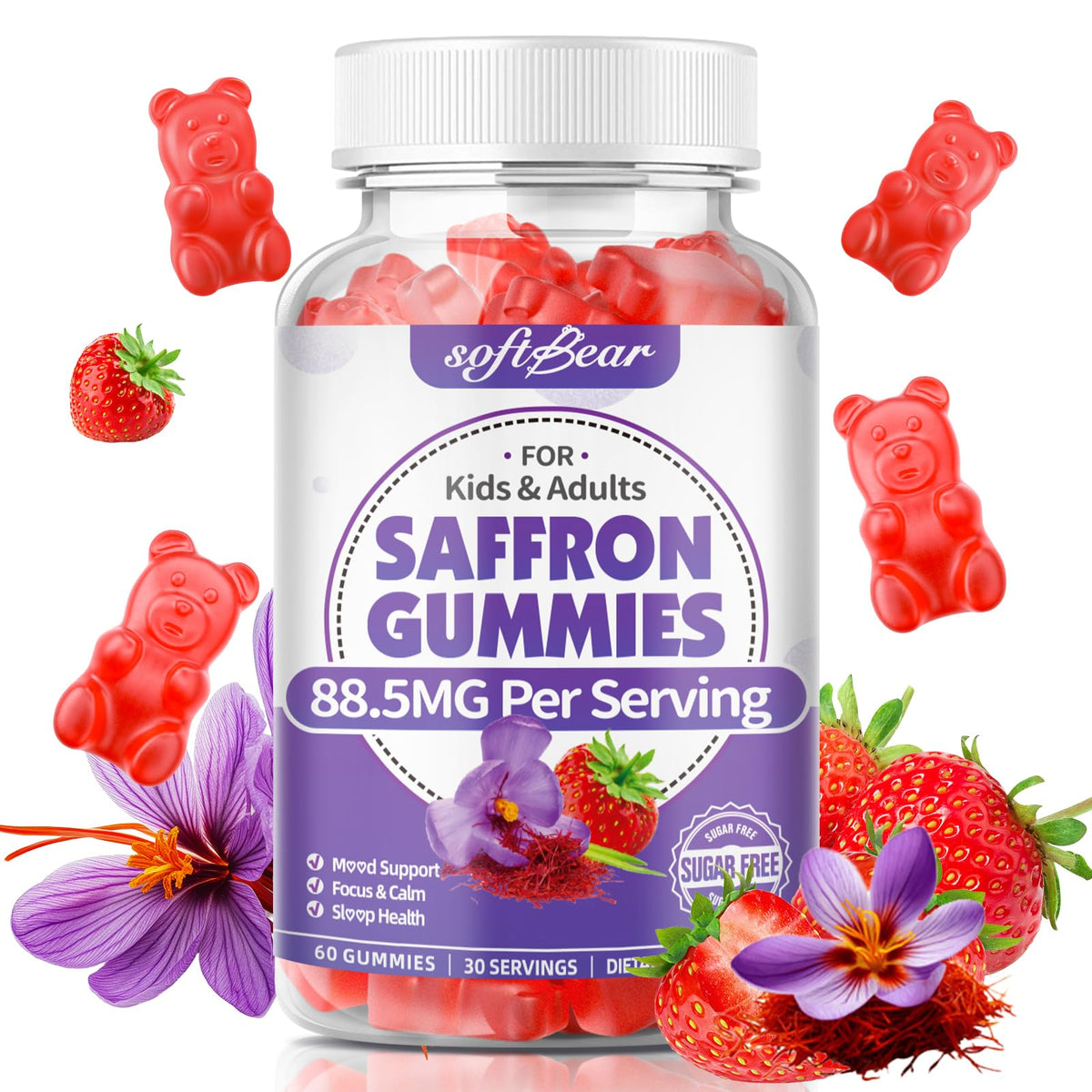 softbear envase frontal de gominolas sabor fresa, diseño claro y beneficios visibles