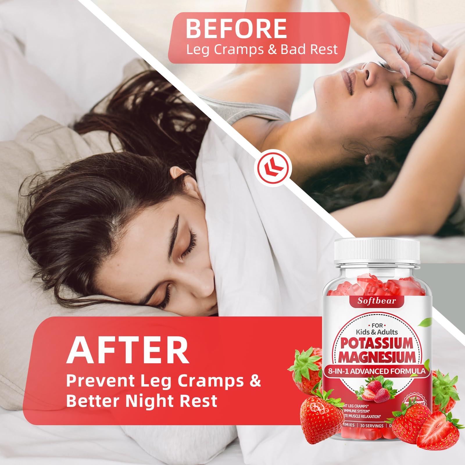 Softbear Potasio Gomitas bajo etiqueta clara, información de ingredientes clave