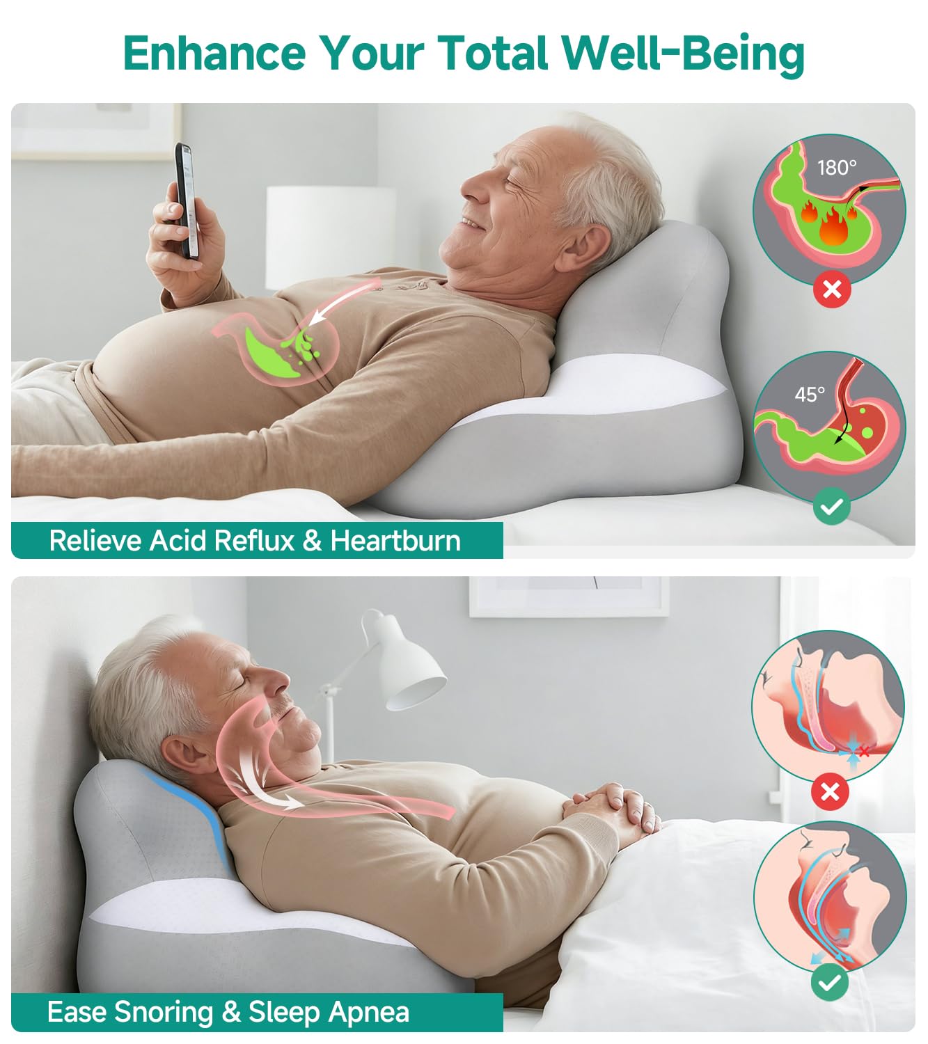 SOFTGAS almohada en cama durante la noche, ayuda a mantener postura cómoda