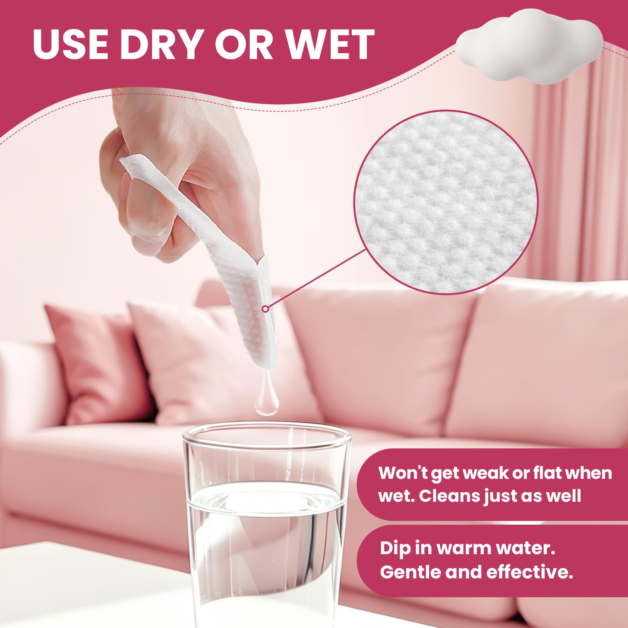 SOFYFINE detalle del tejido spunlace sin pelusas, suave para encías