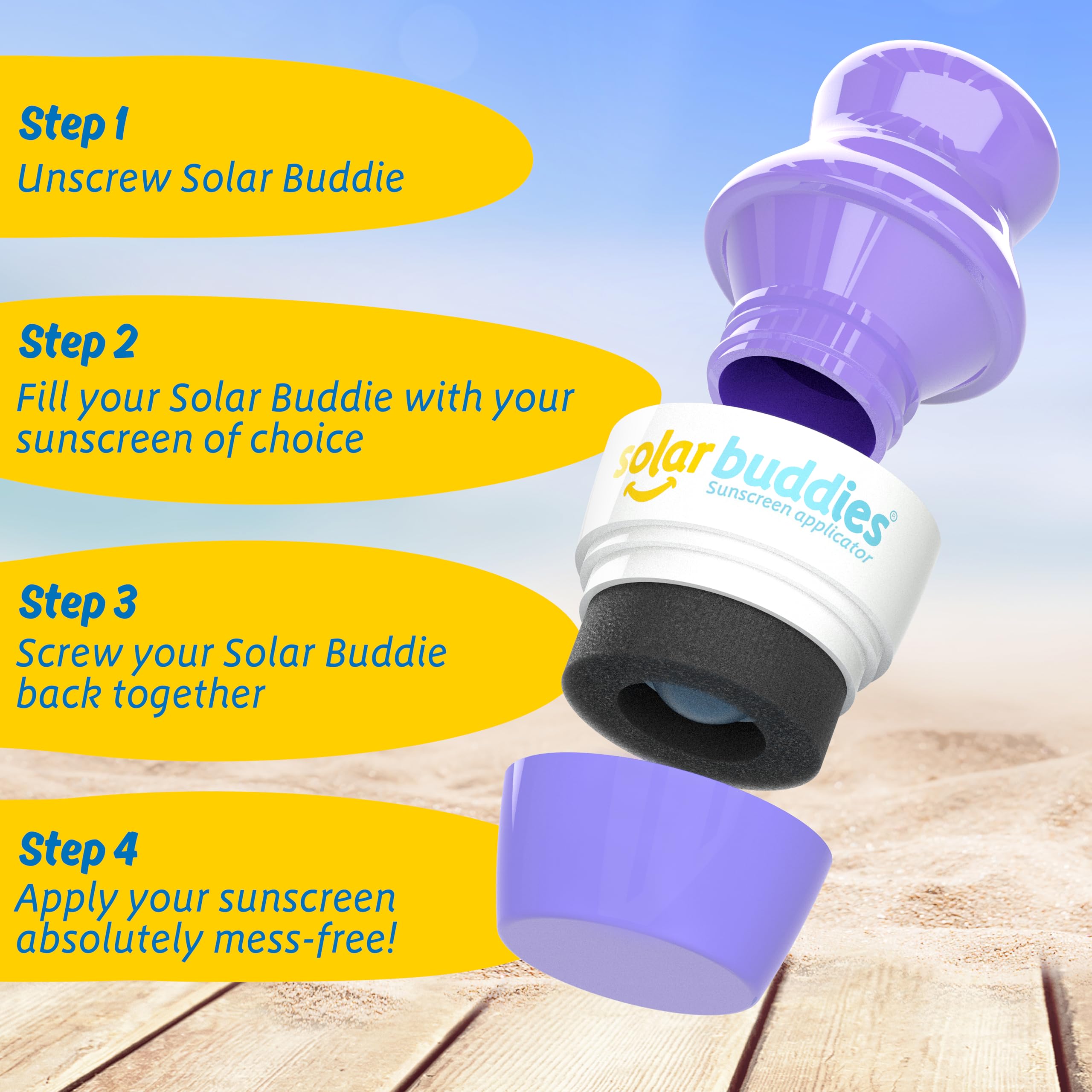 Familia usando Solar Buddies en la playa aplicación rápida y sin desorden