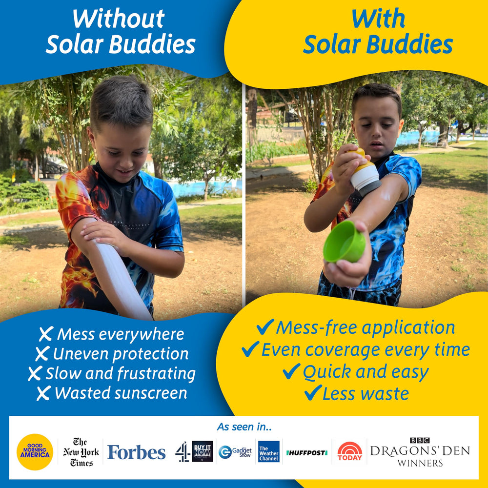Solar Buddies aplicador en uso con niña, aplicación limpia y segura