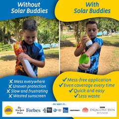 Aplicador Solar Buddies en mano indica tamaño 100 ml ideal para viaje