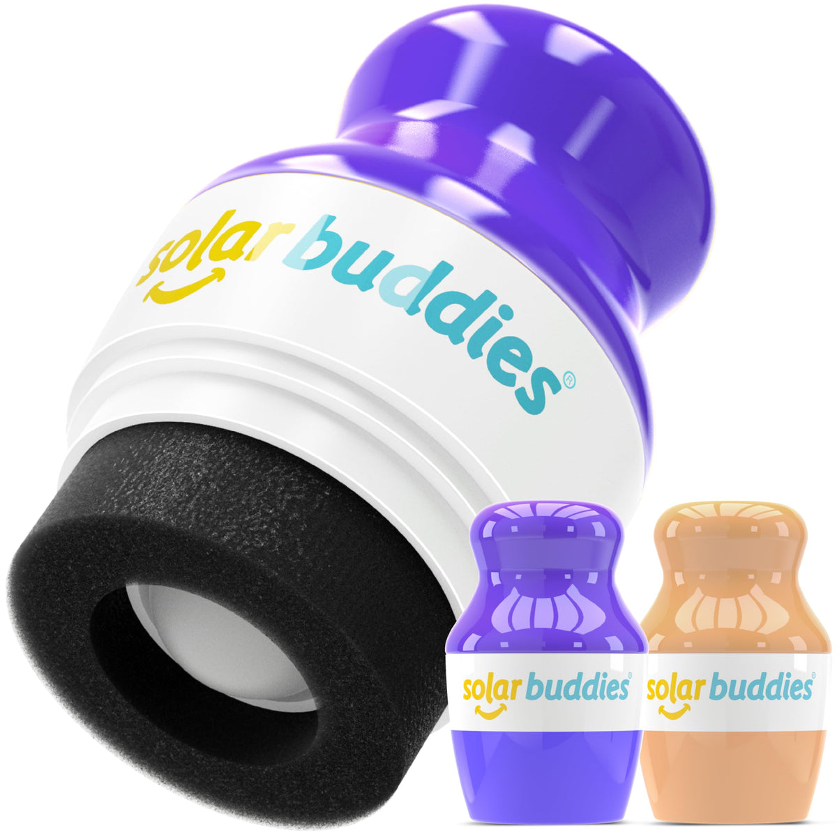 Solar Buddies frasco frontal duo morado y nude muestra diseño portátil y práctico