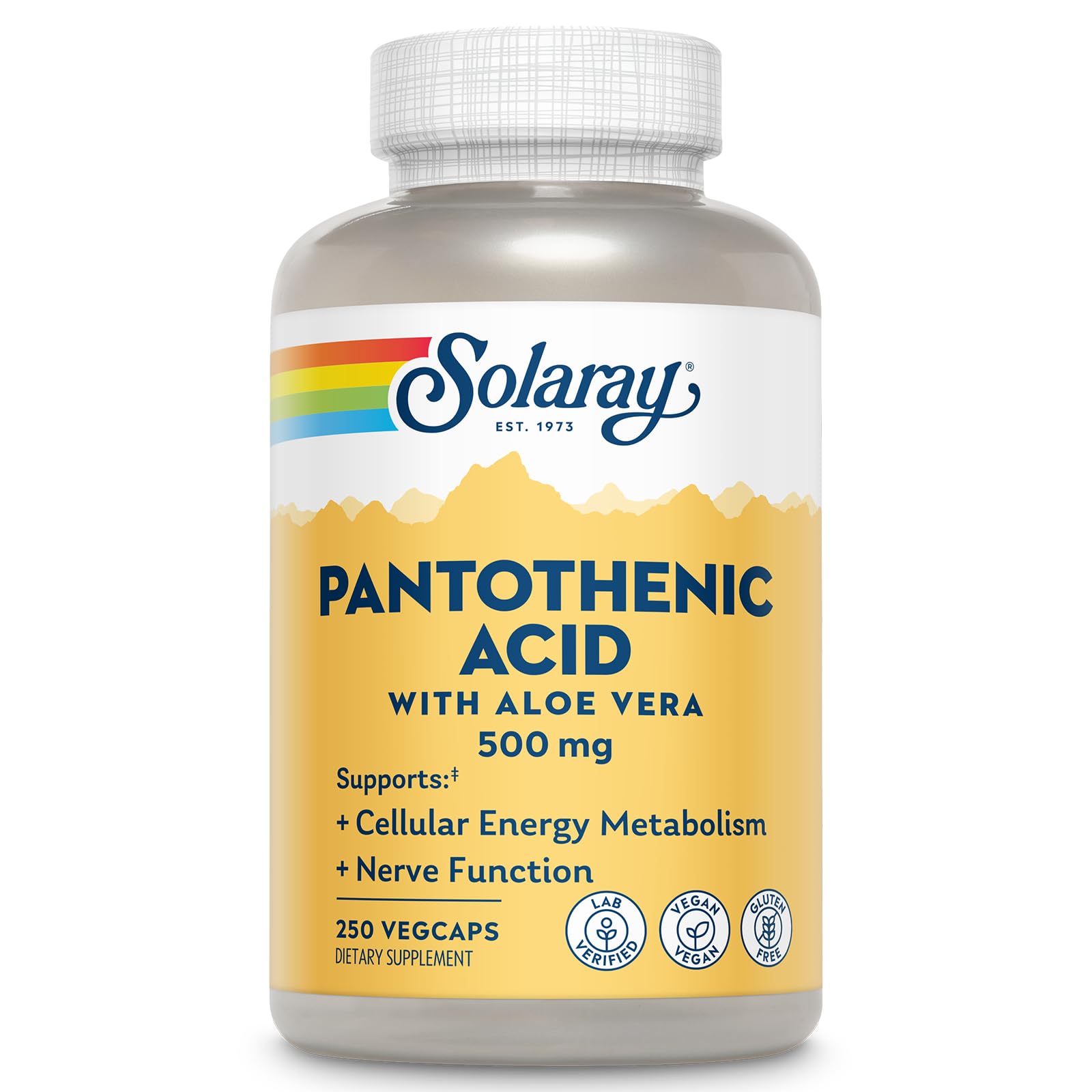SOLARAY ácido pantoténico 500 mg, botella frontal, apoyo a la energía diaria