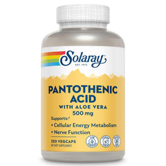 SOLARAY ácido pantoténico 500 mg, botella frontal, apoyo a la energía diaria
