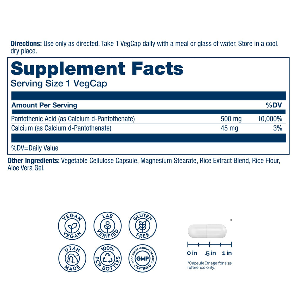 SOLARAY ácido pantoténico 500 mg, etiqueta con información clara