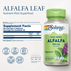 SOLARAY Alfalfa Cápsulas 860 mg, formato práctico para complementar la dieta.