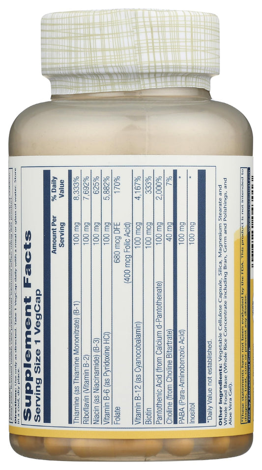 SOLARAY B-Complex etiqueta frontal: información clara sobre dosis y uso recomendado