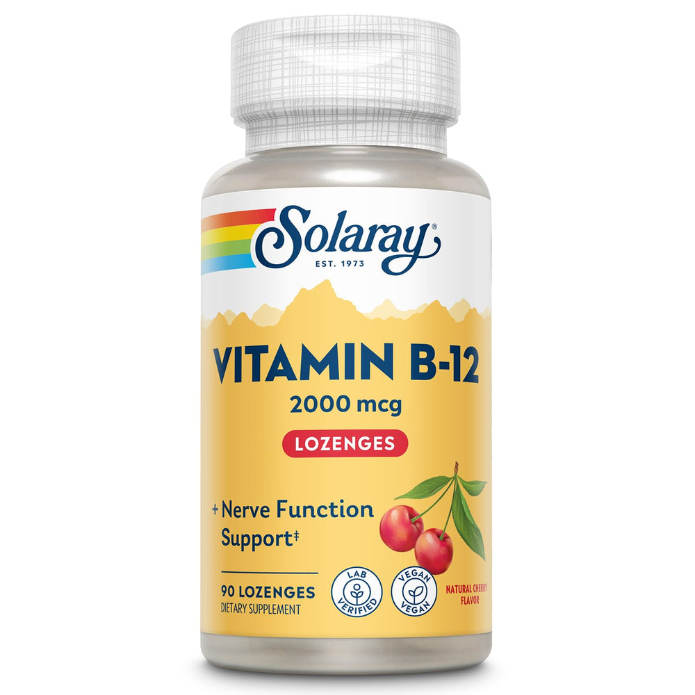 SOLARAY bote frontal con pastillas B12 2000 mcg, beneficio energía rápida