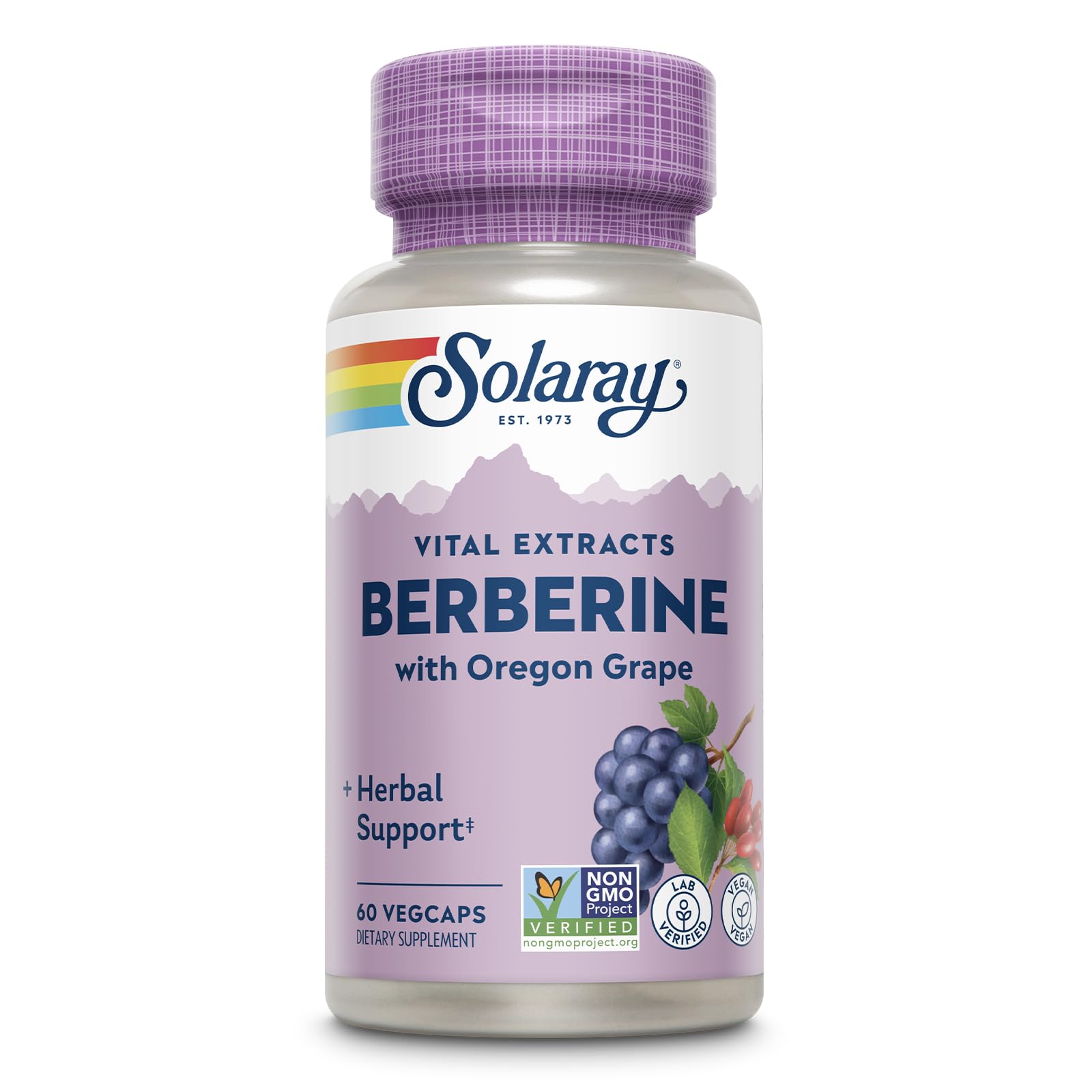 SOLARAY frasco frontal de Berberine 250 mg con información clara y beneficios
