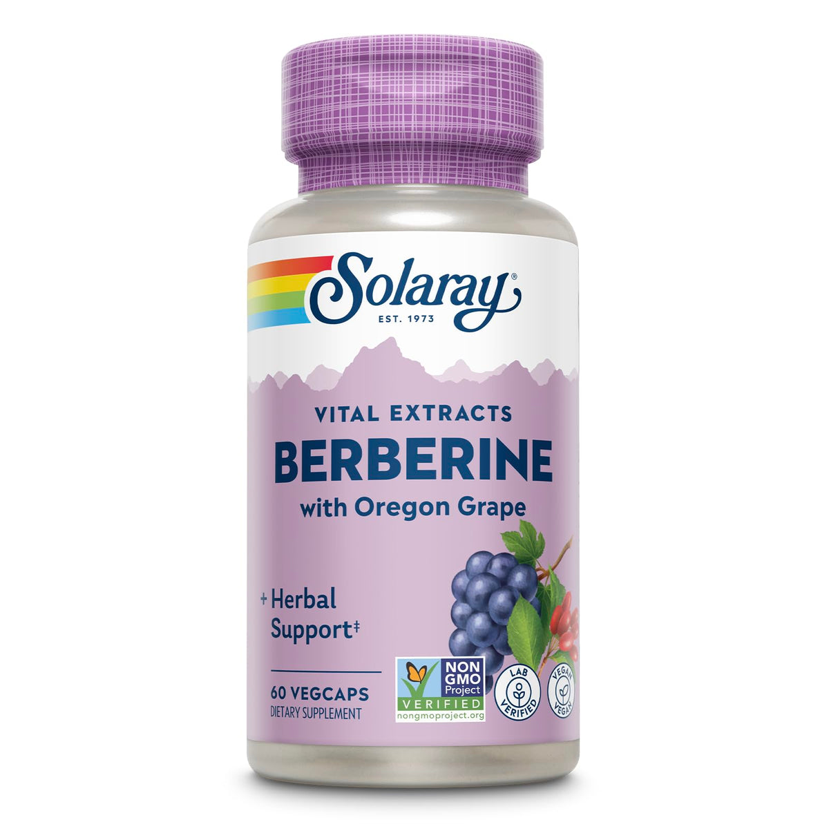 SOLARAY frasco frontal de Berberine 250 mg con información clara y beneficios