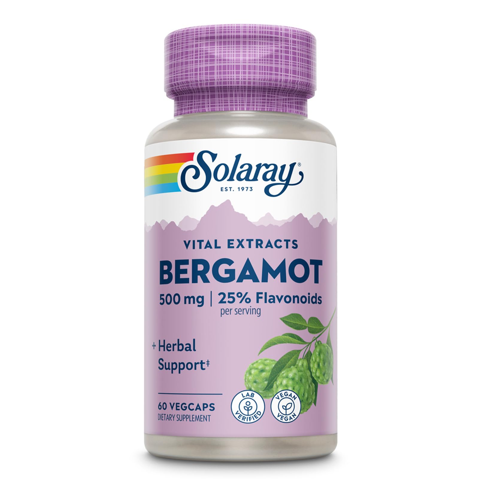 SOLARAY frasco frontal de Bergamot 500 mg con información clara y beneficio de dosificación