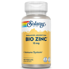 SOLARAY frasco frontal mostrando etiqueta y beneficios del zinc