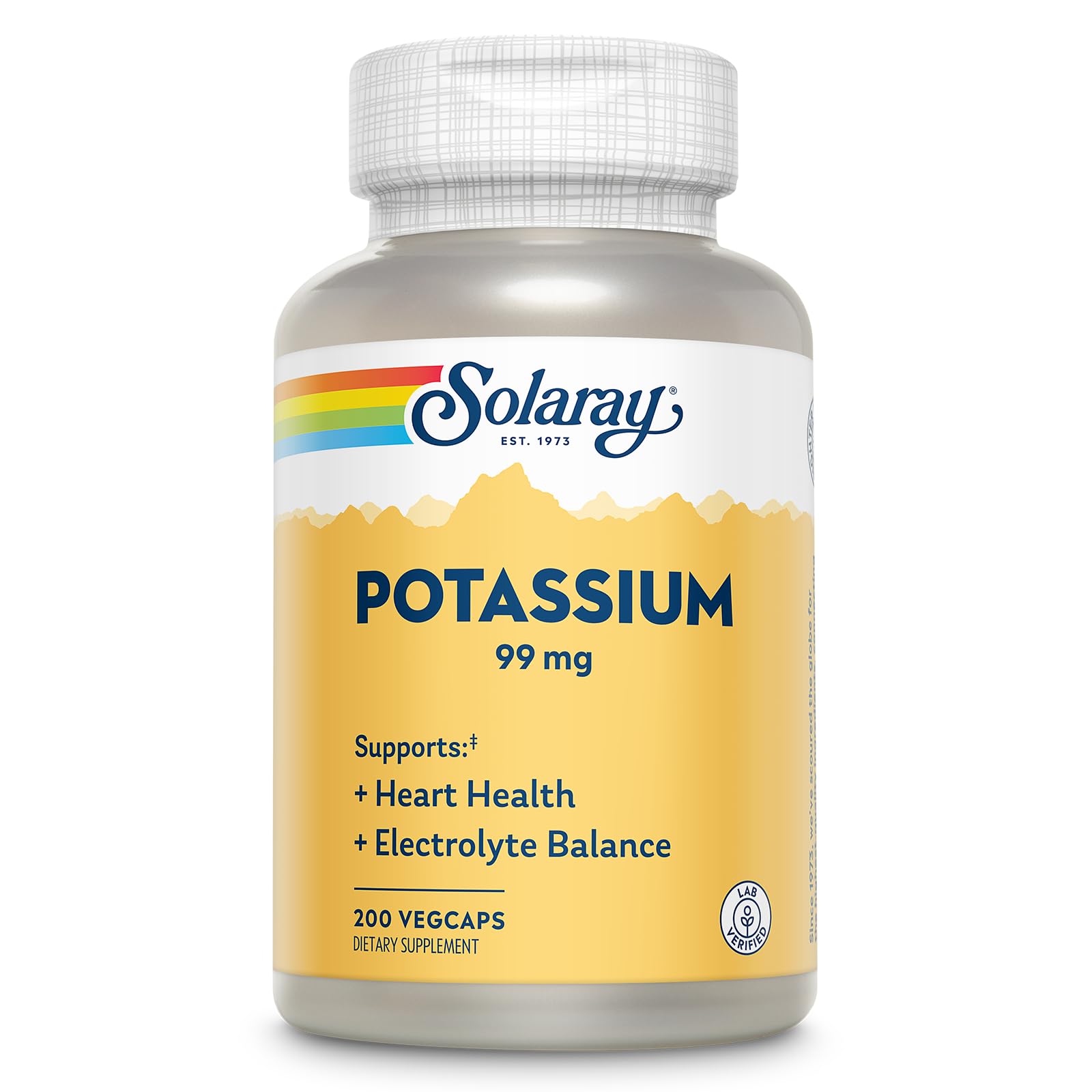 SOLARAY botella frontal de Potassium 99 mg mostrando diseño y cantidad