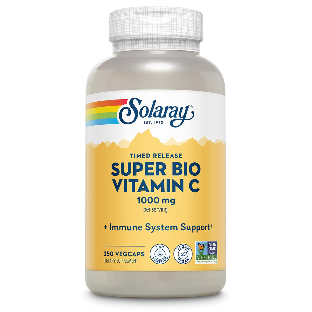 SOLARAY botella frontal mostrando 250 VegCaps y beneficio de suplementación diaria