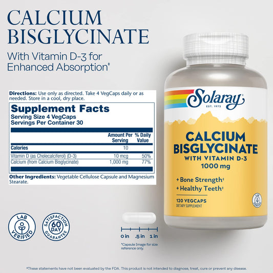 SOLARAY Calcium Bisglycinato 1000 mg con D3, cápsulas visibles y fáciles de tragar.