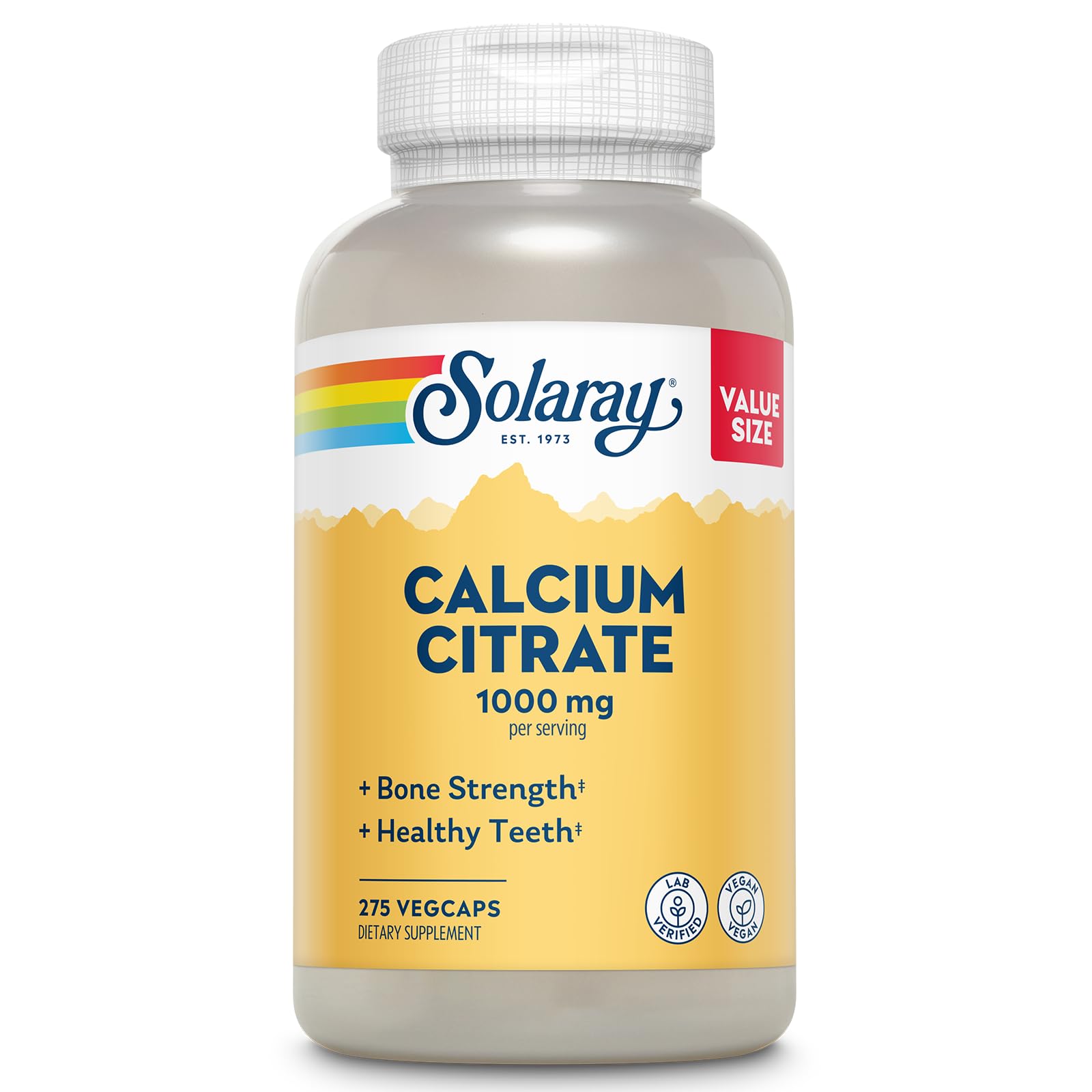Solaray Calcio Citrato 1000mg - botella mostrando dosis diaria para huesos fuertes