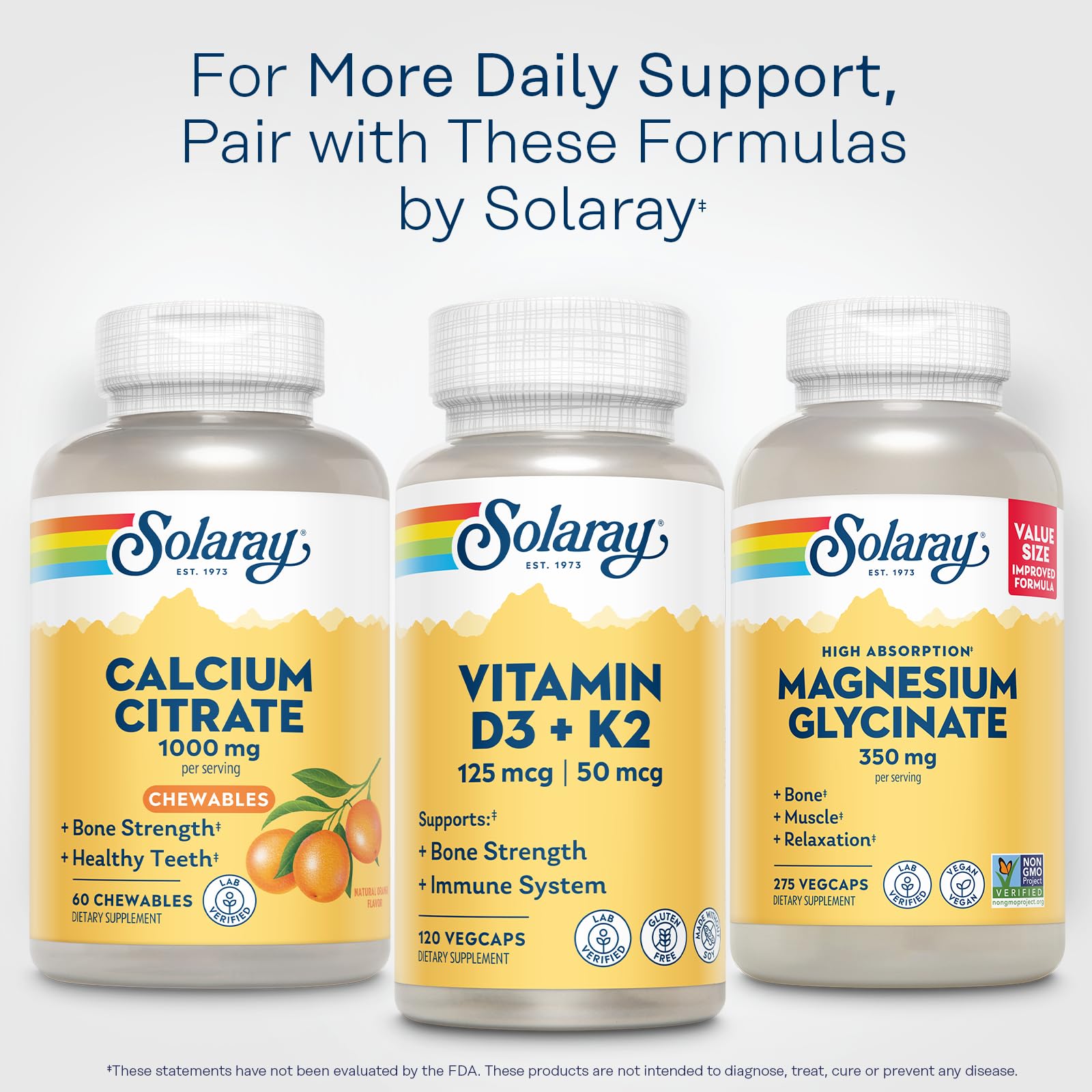 SOLARAY etiqueta con información nutricional enfatizando control de calidad y certificaciones