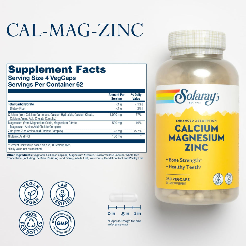 SOLARAY calcium magnesium zinc tablets close-up highlighting immune and heart health benefits.