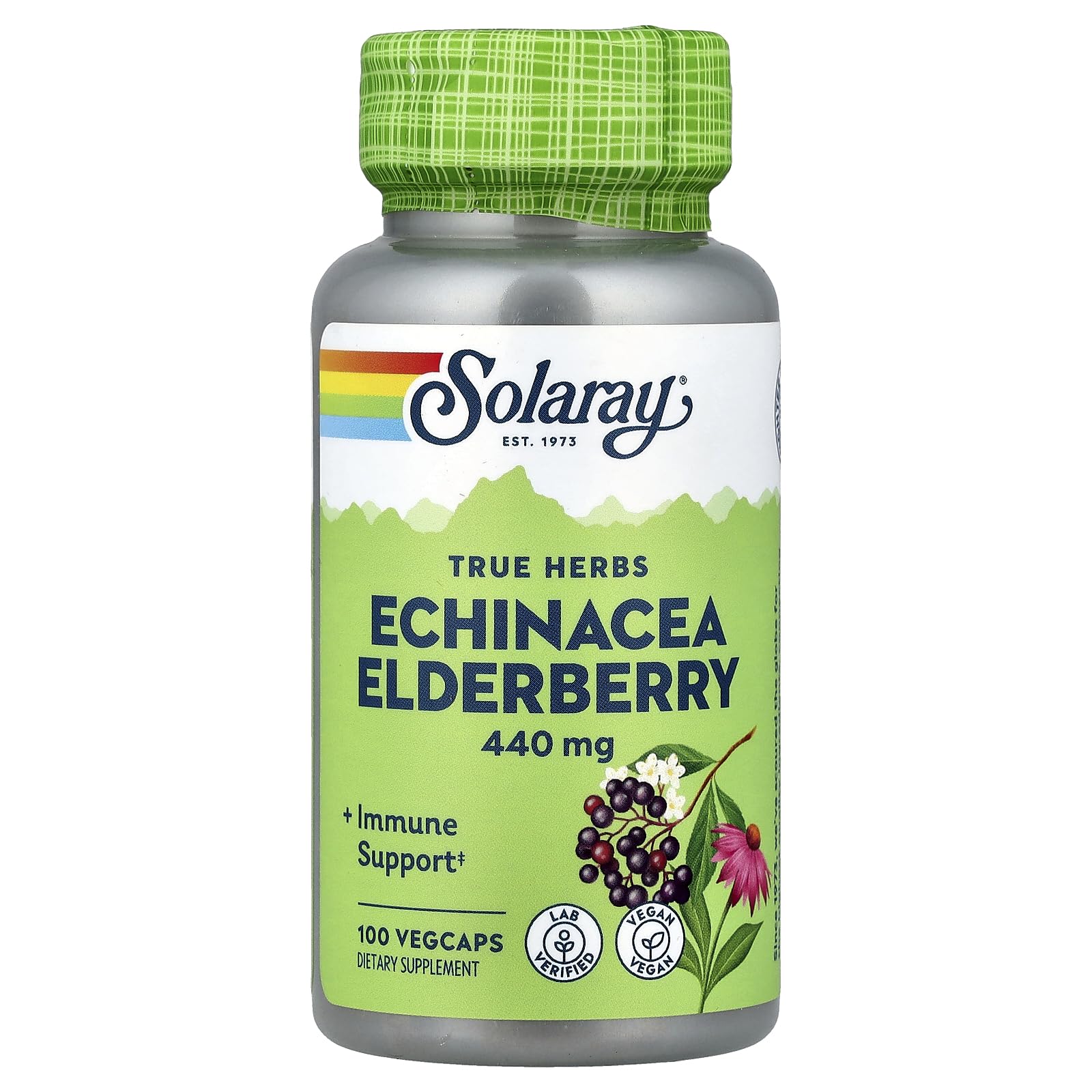 SOLARAY cápsulas echinacea y saúco en botella, posible apoyo al bienestar estacional