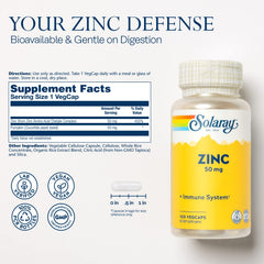 Detalle de cápsulas veganas Solaray Zinc, textura lisa y fácil de tragar, absorción mejorada