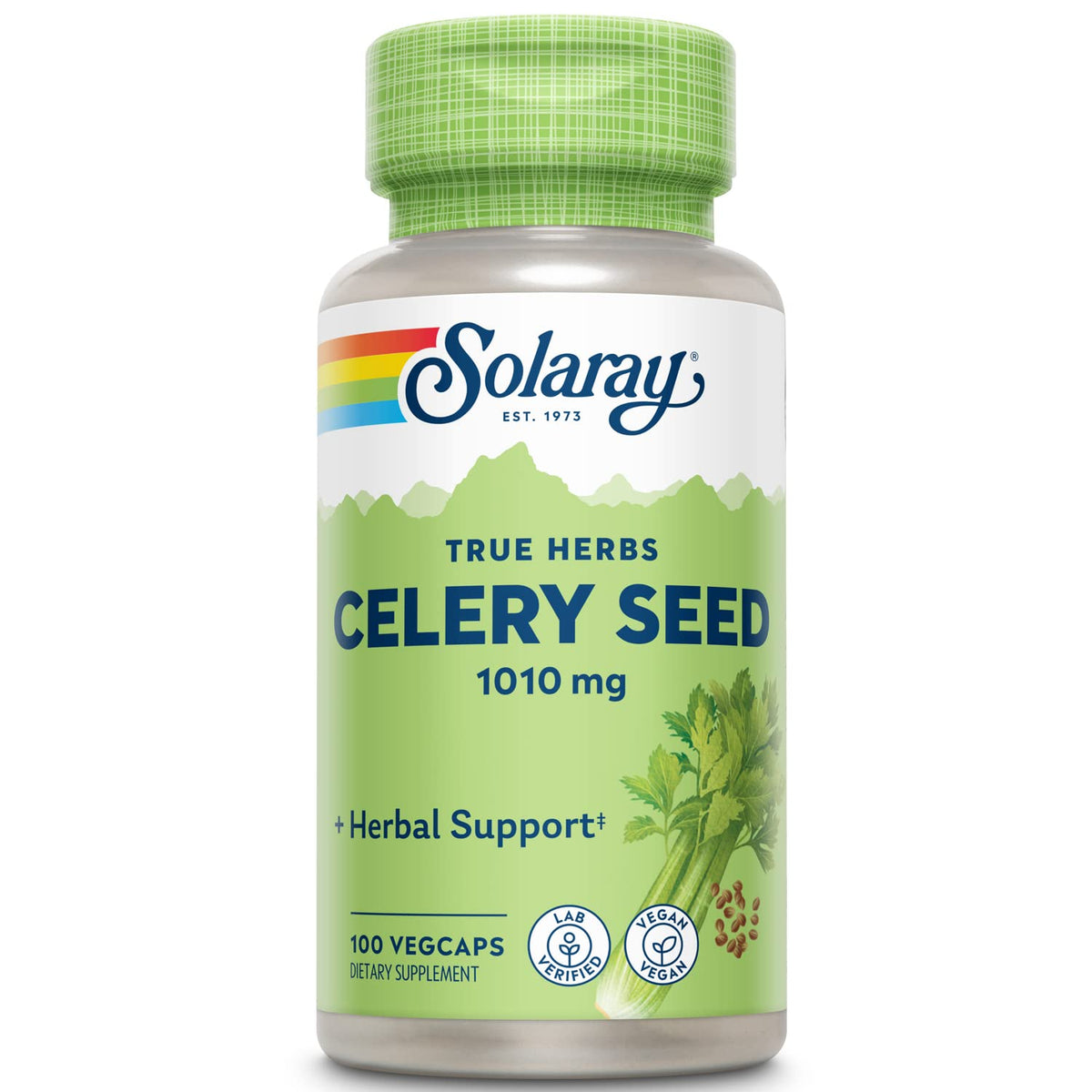 SOLARAY frasco frontal mostrando etiqueta y 100 VegCaps beneficios