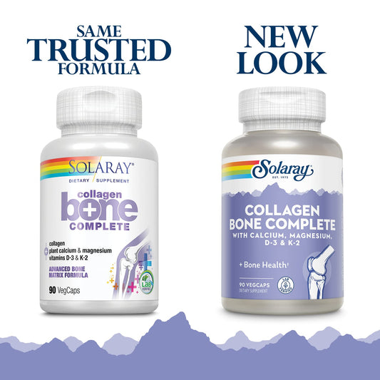 SOLARAY Colágeno Huesos Completo frasco con cápsulas para rutina diaria.