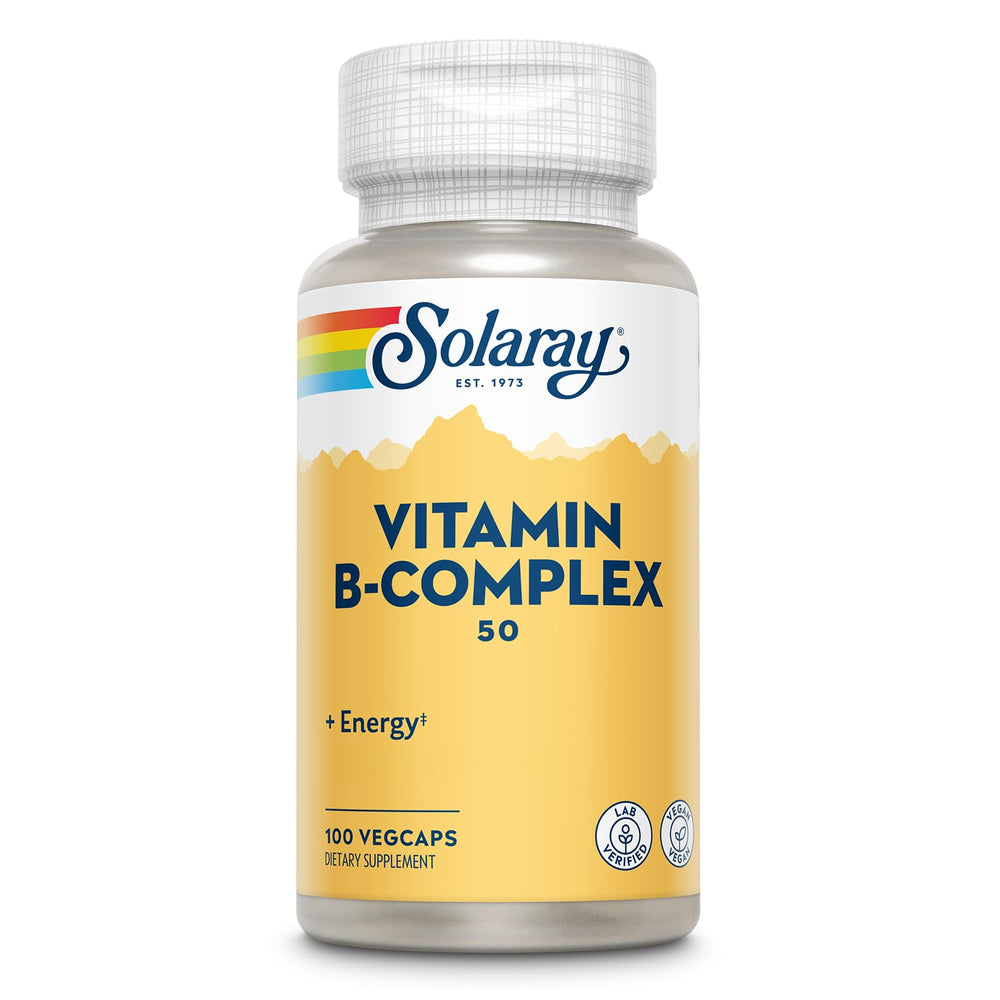 SOLARAY Complejo B 50 mg, cápsulas veganas para energía diaria.