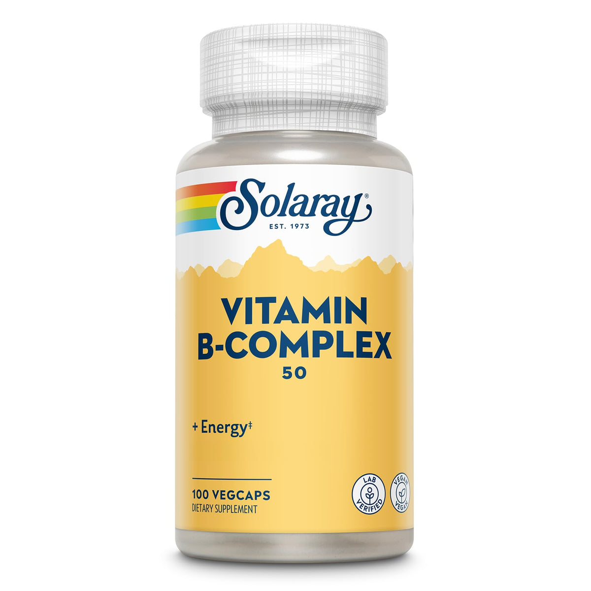 SOLARAY Complejo B 50 mg, cápsulas veganas para energía diaria.