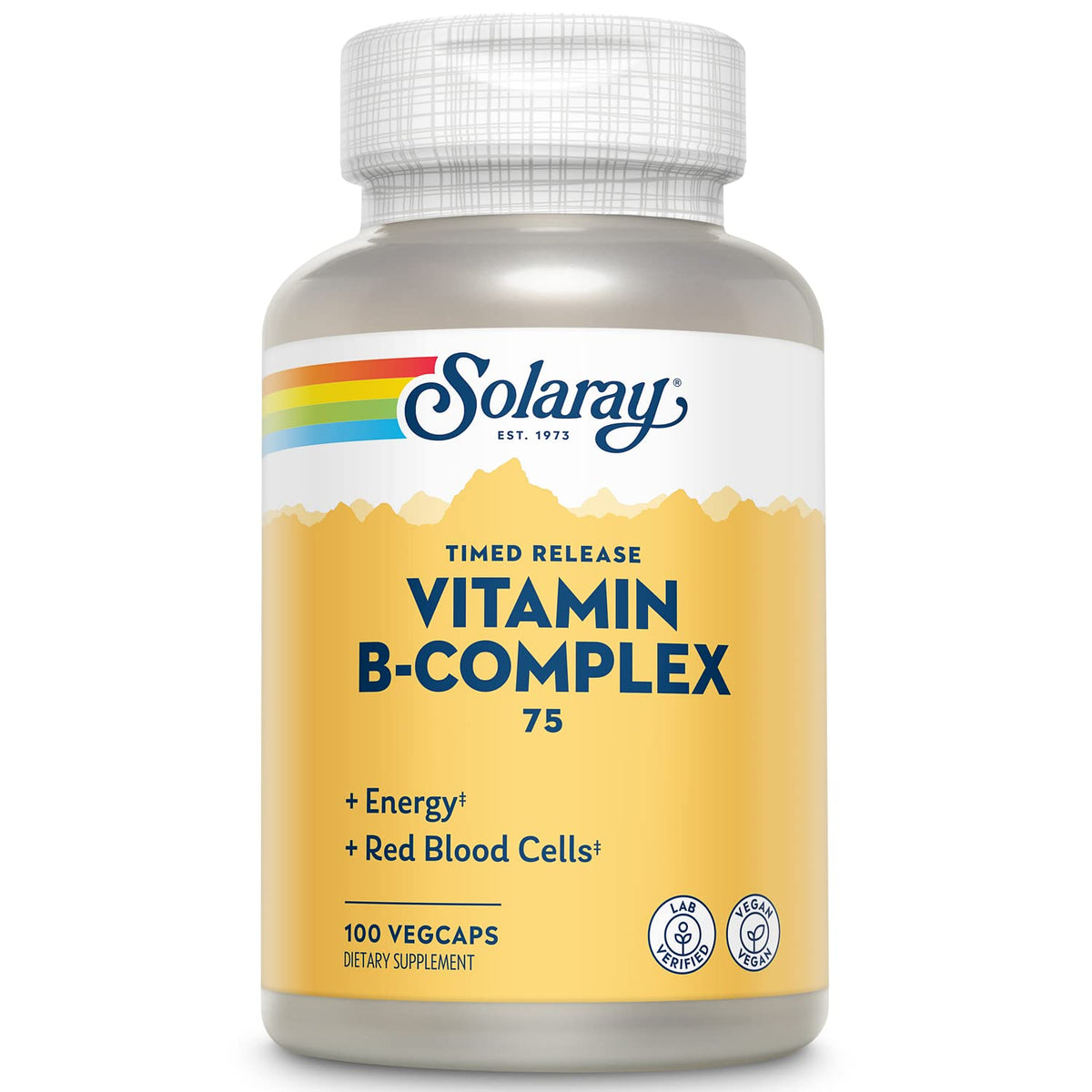 SOLARAY Complejo B 75 mg, botella frontal, posible apoyo a energía diaria.