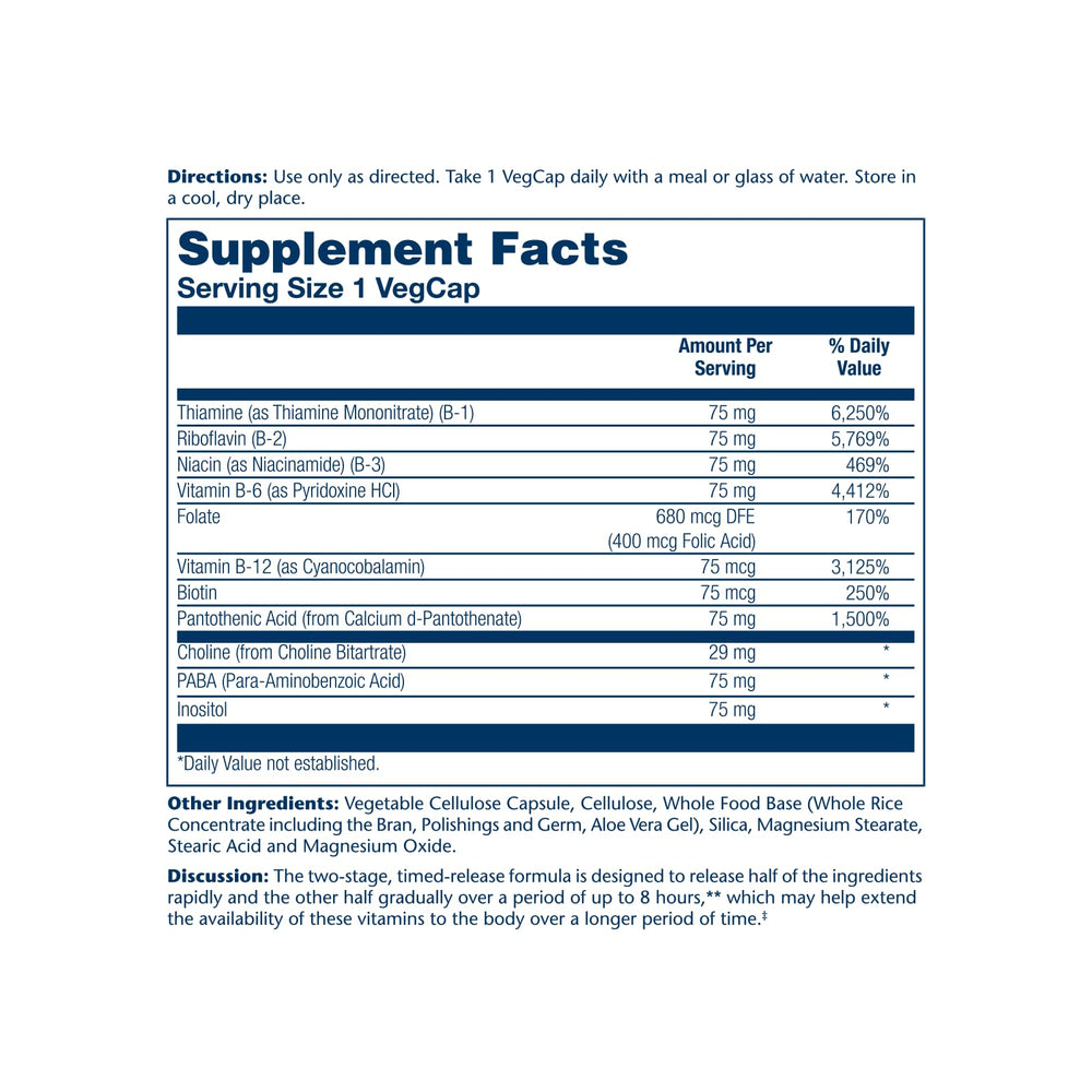 SOLARAY Complejo B 75 mg, cápsulas visibles para consumo diario.