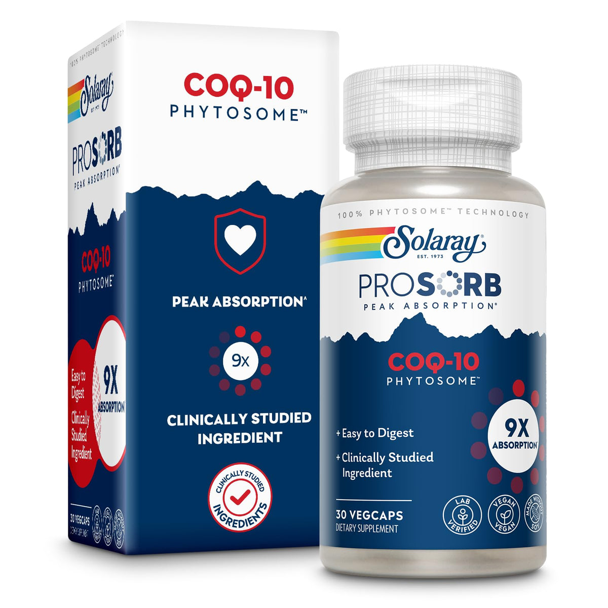 SOLARAY botella frontal mostrando CoQ10 200 mg y diseño ecológico