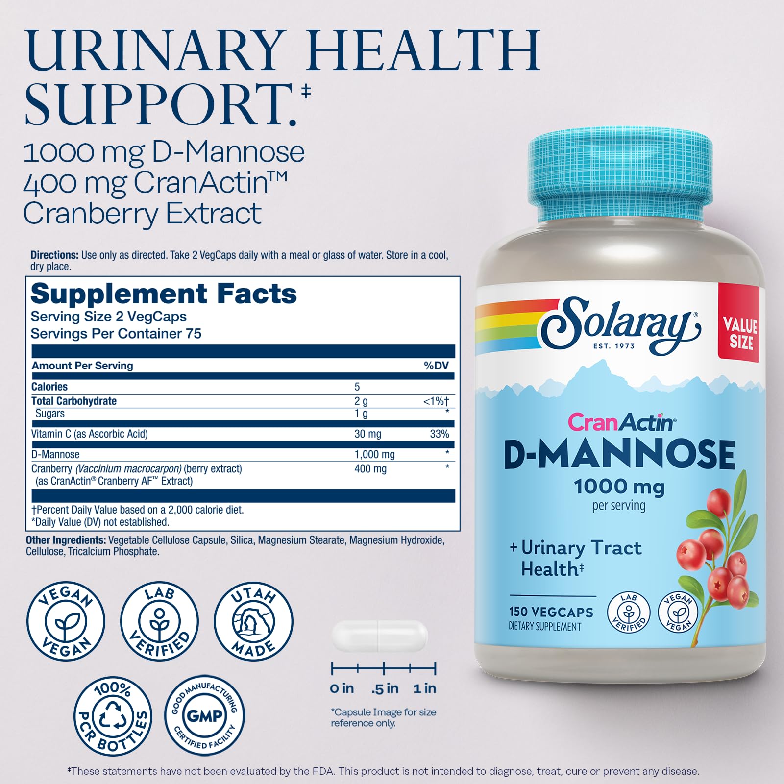 SOLARAY D-Mannose capsules closeup – easy daily supplement for comfort.